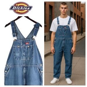 Dickies Bib Overalls Mens 44 x 32 Denim Medium Wash Blue Carpenter Work Utility